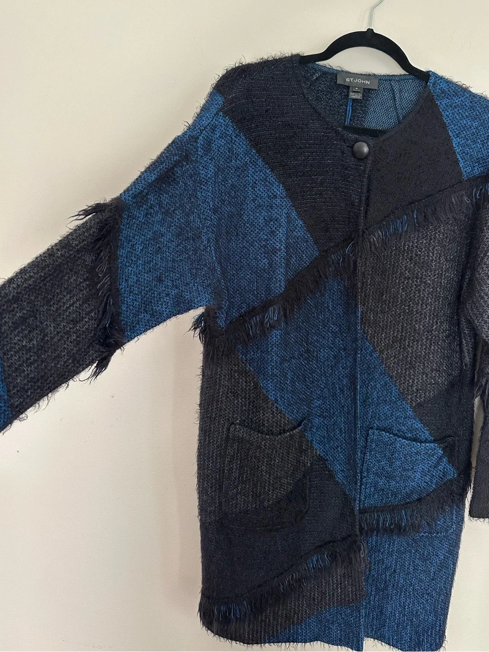 St. John Wool Blend Knit Cardigan Jacket Blue Black Size M Fringe Geometric